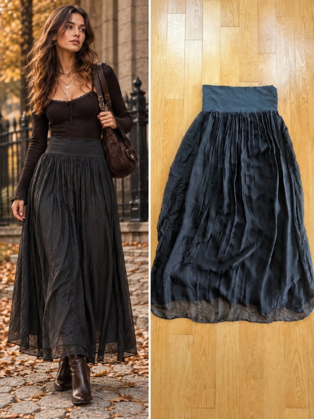 Froccella Black Silk Maxi Skirt 100% Italian Gathered Whimsigoth Gothic 44